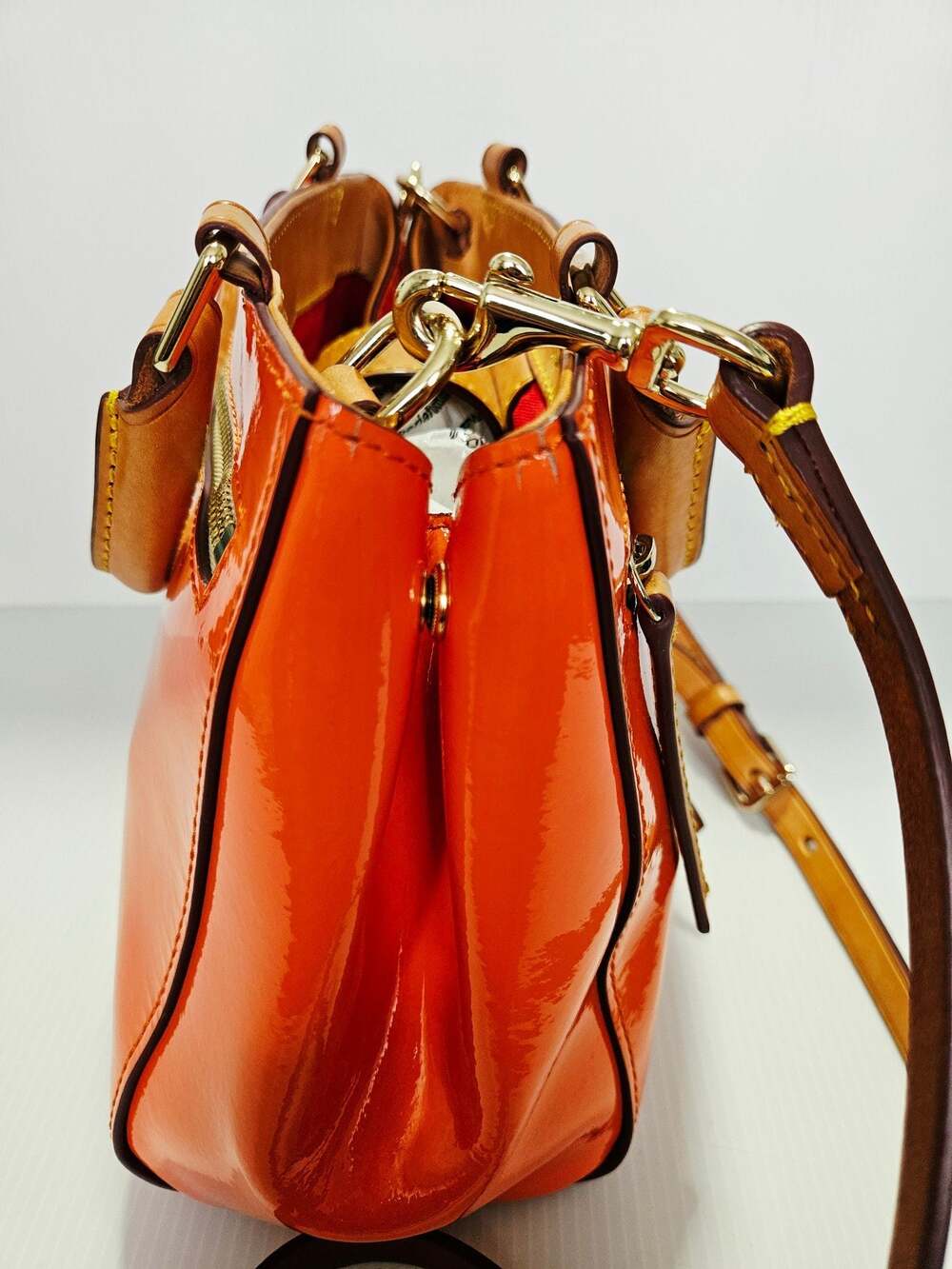 Dooney & Bourke Patent Leather Small Brenna Satchel in Melon Bag - Picture 11 of 16